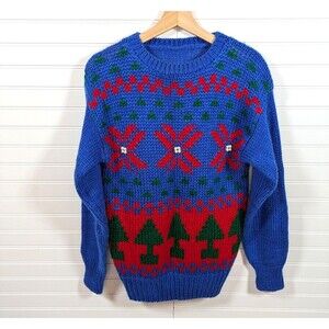 Vintage Christmas Sweater Women Medium Hand knit Holiday Grandma Cottage Festive